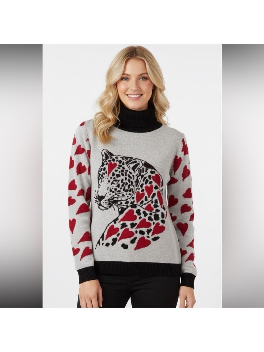 The Tellier Love Jaguar Leopard Heart Turtleneck Sweater Medium